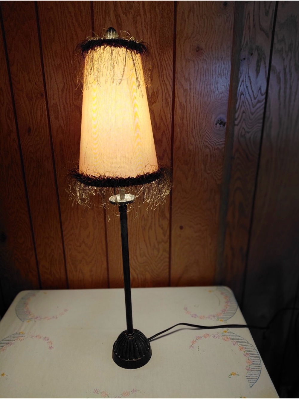 Vintage “Boho Chic” Tall Table Lamp with Fringe Shade - Black Base, Cream Shade